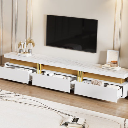 Modern TV-meubel – TV-meubel – Tv-kast – TV-standaard – Mediameubel – Marmerlook Design – Kabelmanagement – Geschikt voor 90 inch TV – 3 Ruime Lades – Duurzaam Niet-Houten Materiaal – Wit