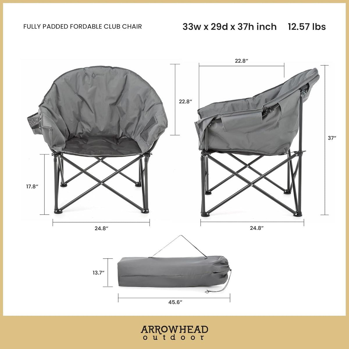 ARROWHEAD OUTDOOR Extra grote robuuste club-campingstoel met buitenvak, bekerhouder, draagbaar, gewatteerd, maan, rond, schotel, ondersteunt 150 kg, draagtas, VS-gebaseerde ondersteuning