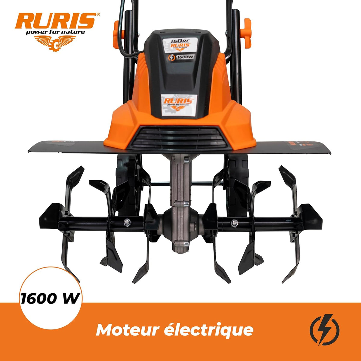 RURIS Elektrische motorhak 160RE - 1600W, breedte 450 mm, diepte 220 mm, 24 messen, elektronische rem, 2 wielen, licht en stil
