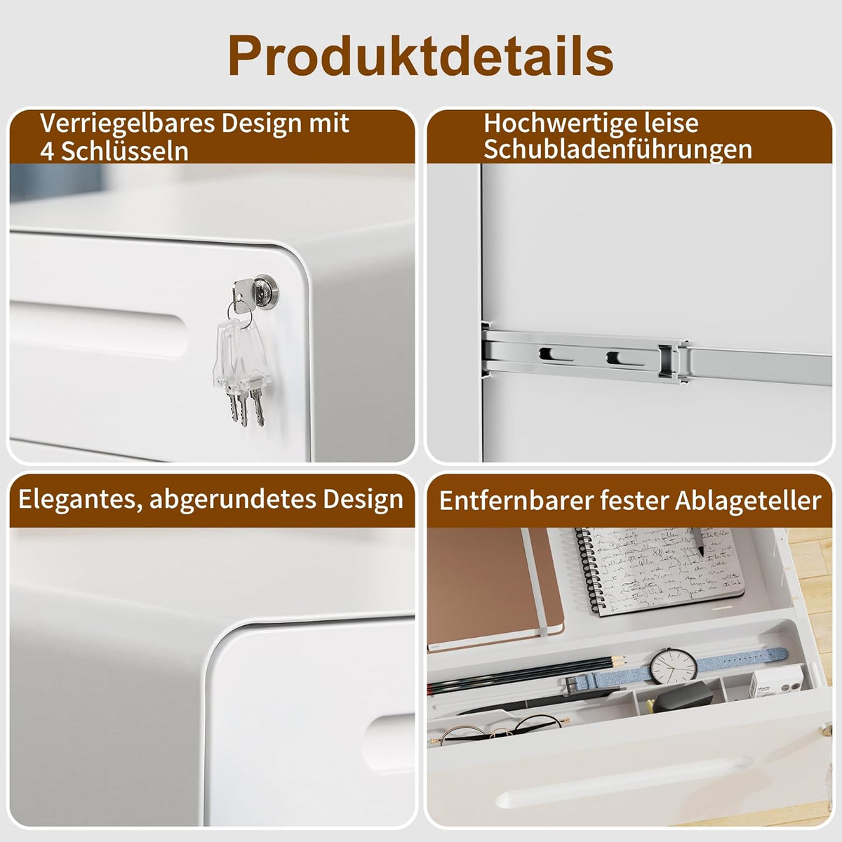 Rolcontainer, mobiele archiefkast met slot, afgeronde hoeken, 4 sleutels, 3 laden, printertafel, reeds voorgemonteerd, voor kantoor, thuiskantoor, 46B x 40D x 50H cm, Wit