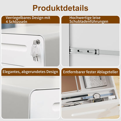 Rolcontainer, mobiele archiefkast met slot, afgeronde hoeken, 4 sleutels, 3 laden, printertafel, reeds voorgemonteerd, voor kantoor, thuiskantoor, 46B x 40D x 50H cm, Wit