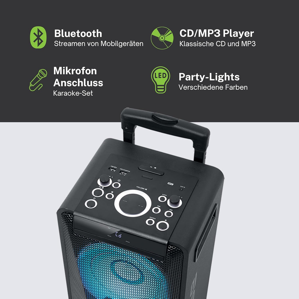 Muse DJ PA-installatie met accu, 300 watt, met cd, bluetooth en lichteffecten (USB, AUX, microfoon, afstandsbediening), zwart