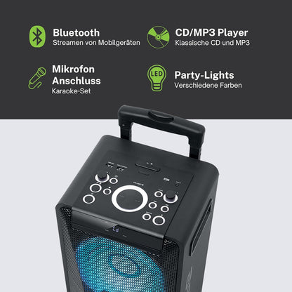 Muse DJ PA-installatie met accu, 300 watt, met cd, bluetooth en lichteffecten (USB, AUX, microfoon, afstandsbediening), zwart