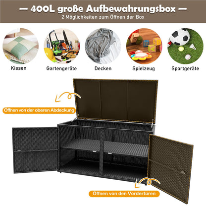 Rattan Opbergbox – Tuinkist – Opbergkist – Buitenbox – Tuinbank Met Deksel – 333L Inhoud – Weerbestendig PE Rattan – Dubbele Deuren & Binnenplanken – Mat Zwart – 115x60x65 cm