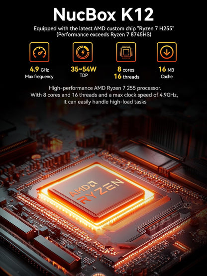 GMKtec K12 Gaming Mini PC Oculink AMD Ryzen 7 H 255 (Upgraded 8745HS) 32GB DDR5 RAM 512GB SSD, Desktop Computer Radeon 780M Graphics, 3X M.2 2280 Storage Expansion, Dual NIC 2.5G, HDMI 2.1, USB4