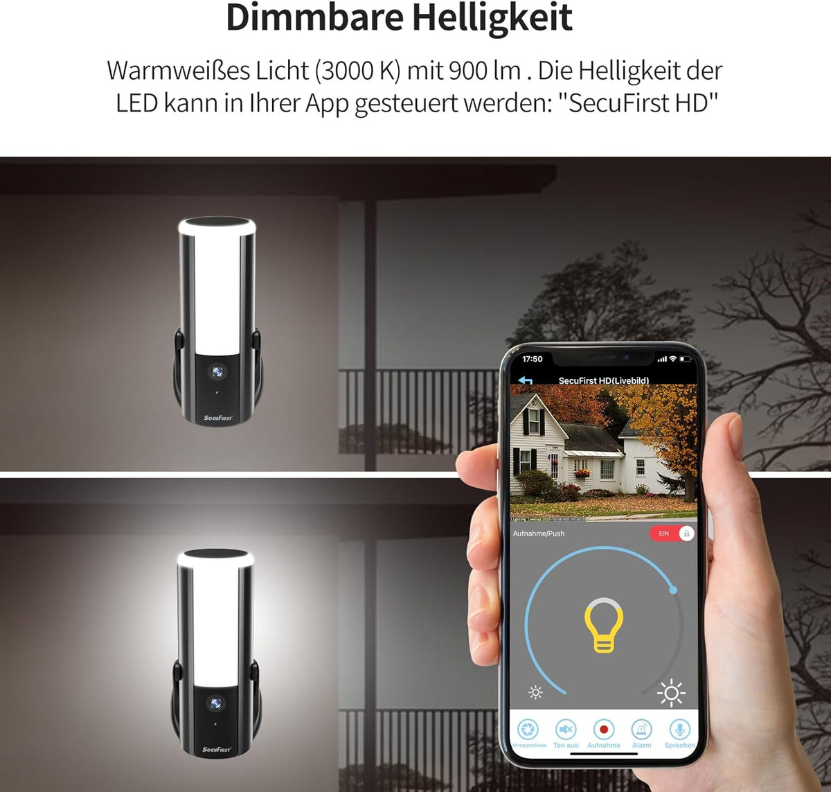 SecuFirst bewakingscamera voor buiten met LED buitenverlichting, met bewegingsmelder, dimbare helderheid (900lm), aluminium camera bewaking outdoor, KI-herkenning, WLAN, 2K, 32GB SD-kaart,