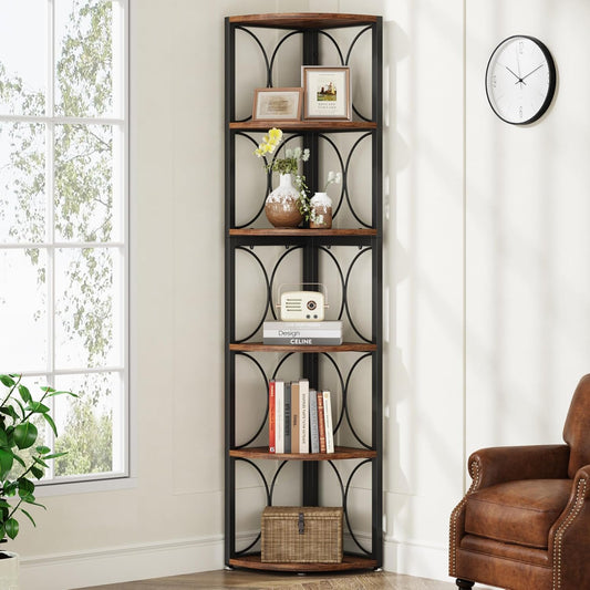Tribesigns 67" High Angle Shelf, 6 Tier Rustic Corner Bookshelf Bookcase Storage Rack Standing Shelving Unit for Living Room, Small Space