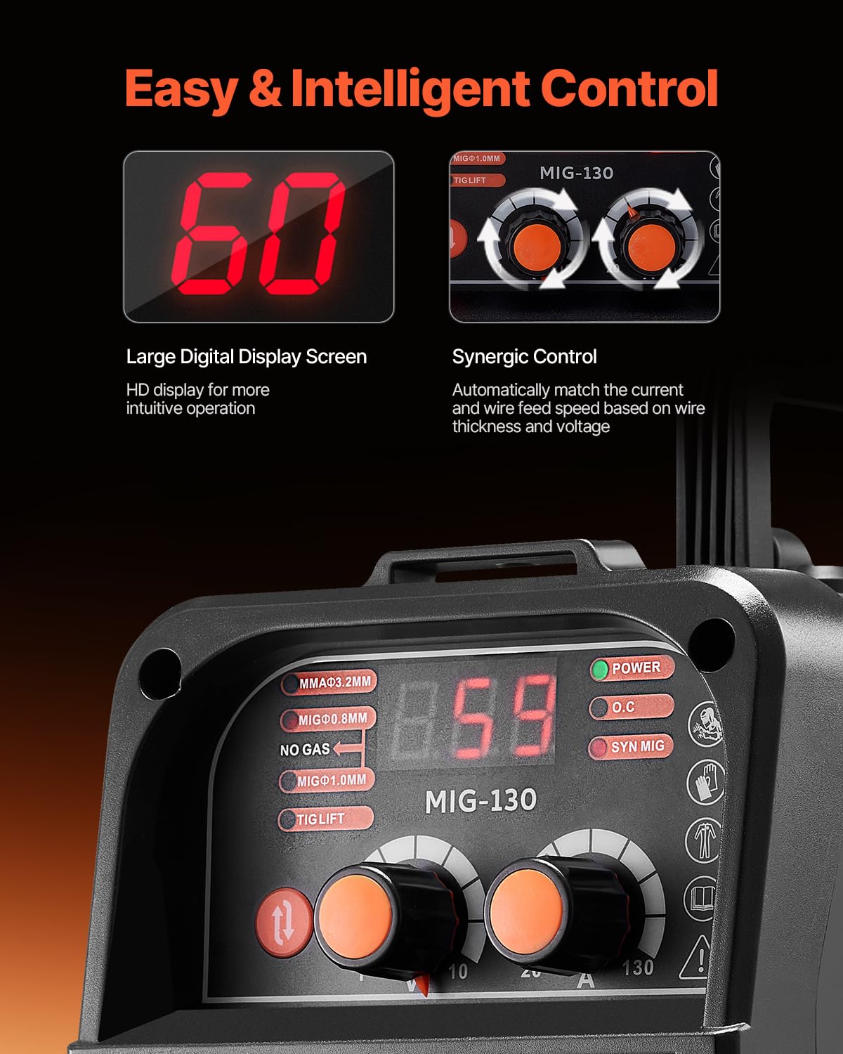 VEVOR MIG Welding Machine, 130A Synergistic MIG Welding Machine, 3-in-1 Flux Core MIG/MMA/Lift TIG Multiprocess Laser, with IGBT Inverter Technology and Digital Display Screen