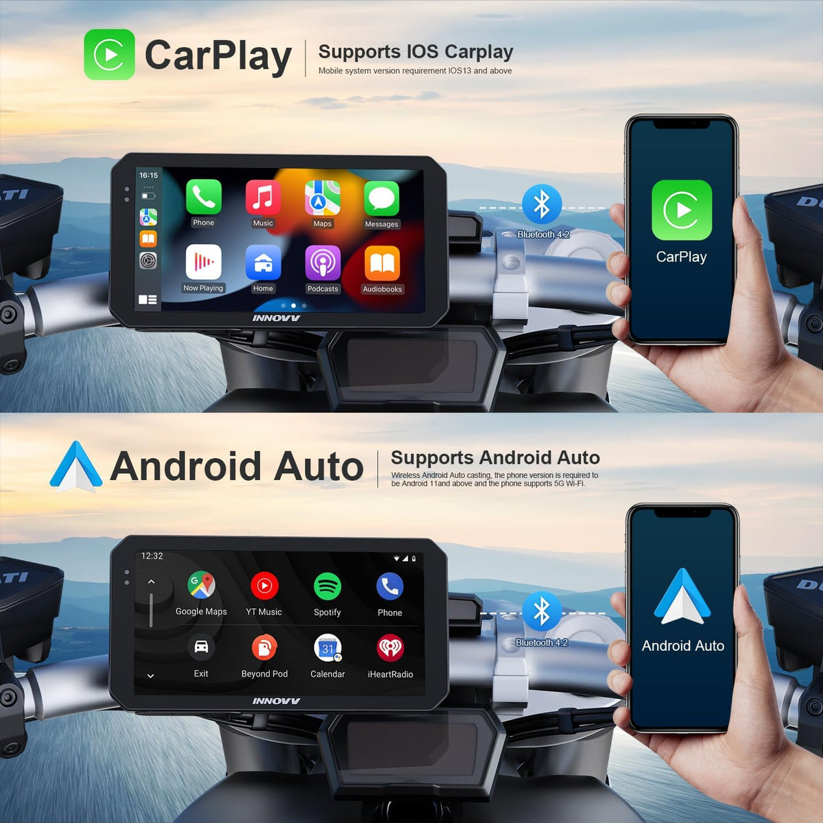 INNOVV N2 Motorfiets Carplay Dash Cam, 6 inch touchscreen ondersteuning Android Auto & iOS, 2K + 2K camera voor en achter met GPS-navigatie, parkeermodus, muziek, 5,8G wifi, IP67 waterdicht, App