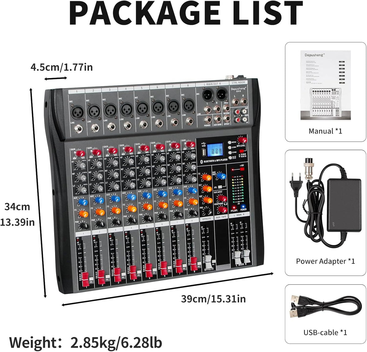 Bluetooth USB audiomixer – Mengpaneel – Mengtafel – Soundboard – DJ mixer – 8-kanaals zwart – Bluetooth streaming – 48V fantoomvoeding