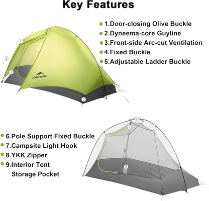 Naturehike PU1500+, ultralichte tent, 780/960 g, waterdichte campingtent, 3-seizoenen wandeltent, 1/2 persoon, voor snelle wandelingen, fietstochten en motortochten