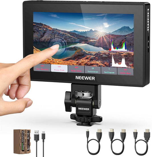 NEEWER 5,5 inch monitor camera, touchscreen IPS HD 1920x1080 1575nit, Loop in/out HDMI 4K met LUT 3D Peak Focus DSLR Video Assist HDR Waveform, batterij F750 5200mAh, DC7-24V/Type C 5V In, F500 PRO