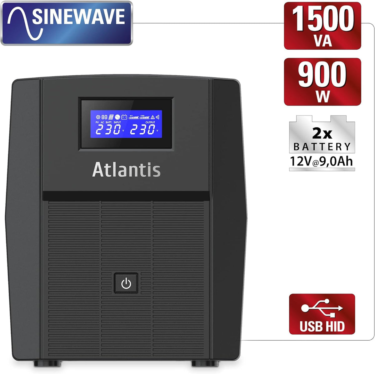 Atlantis A03-HP2003 Ononderbroken sinusgolf 1500 VA 900 W Line Interactive, LCD-display, USB-HID-aansluiting, 3 IEC-uitgangen + 2 geaarde stopcontacten + Alim-kabel, 2 accu's 12 V-9 Ah, bescherming