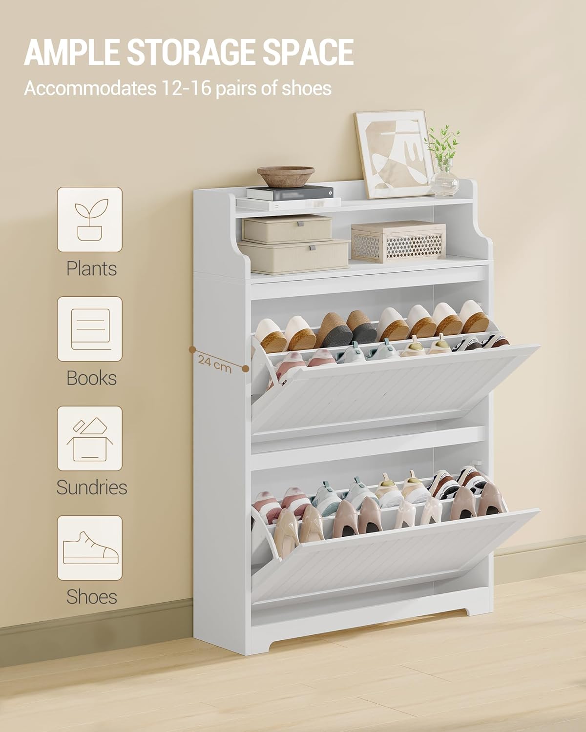 Hzuaneri Shoe Cabinet, SR66103X Shoe Rack, Narrow Shoe Rack, Adjustable Shoe Storage for Entrance Hallway, Living Room, 16 Pairs, 2 Flaps (80B cm), White