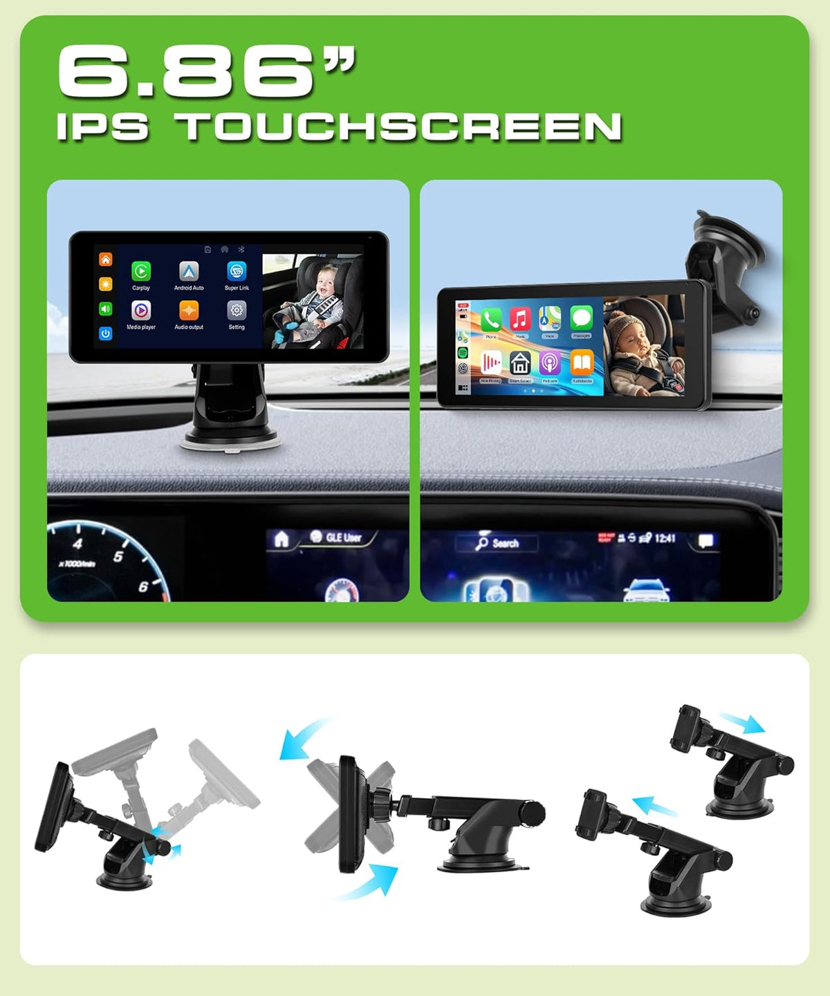 Dual Baby Car Camera for 2 Children with 6.86 Inch Split Screen HD 720P with Carplay Android Car, 360° Rotatable Night Vision, Safety Car Seat Mirror Camera, Suction Cup Holder, 64G SD - QUORE