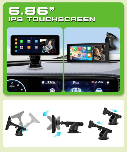 Dual Baby Car Camera for 2 Children with 6.86 Inch Split Screen HD 720P with Carplay Android Car, 360° Rotatable Night Vision, Safety Car Seat Mirror Camera, Suction Cup Holder, 64G SD - QUORE