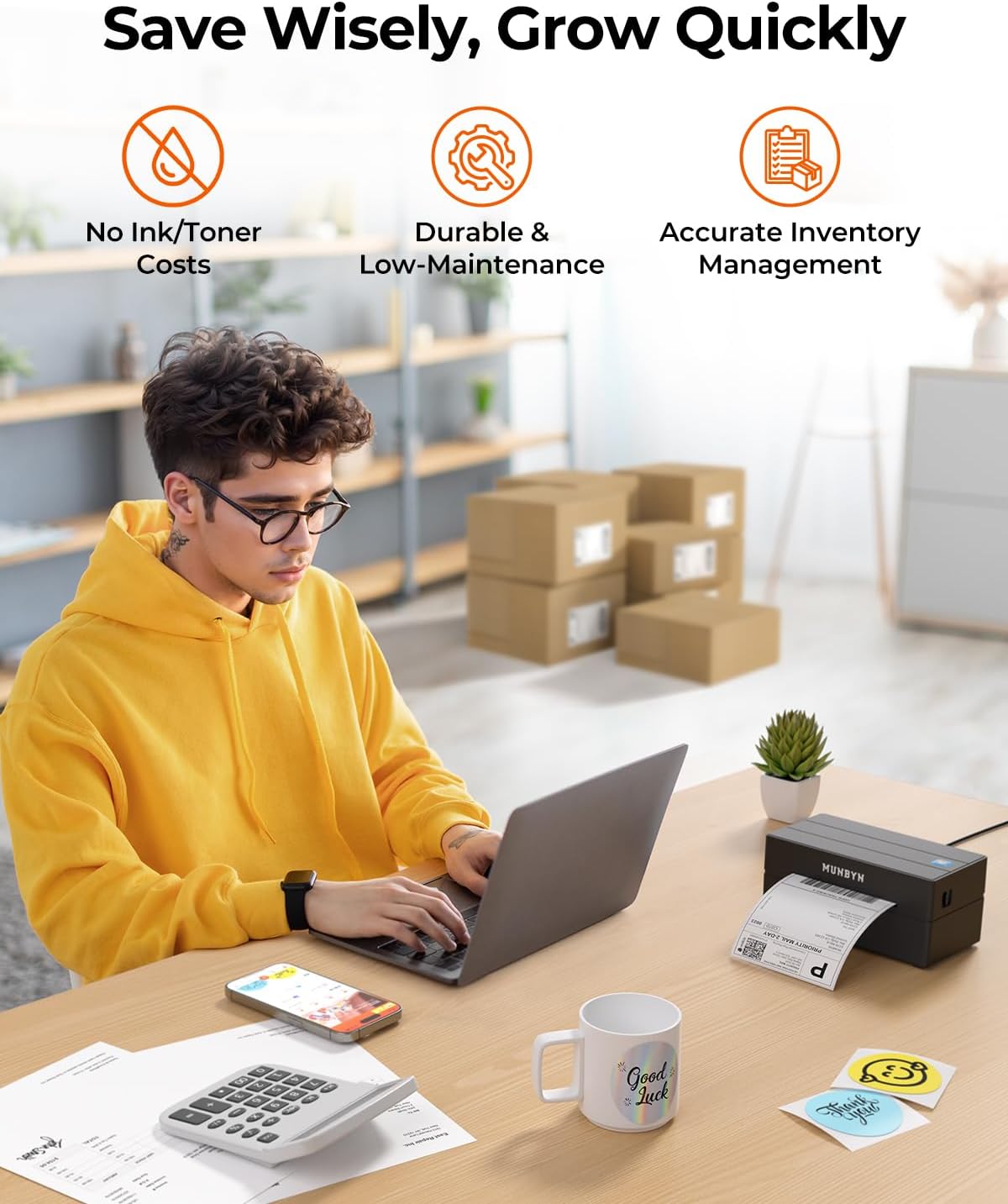MUNBYN Labelprinter Bluetooth 4x6, Thermische Labelprinter, Ideaal voor kleine bedrijven en thuisgebruik, Compatibel met iOS, Android, Windows, Chromebook, DHL en UPS, Zwart
