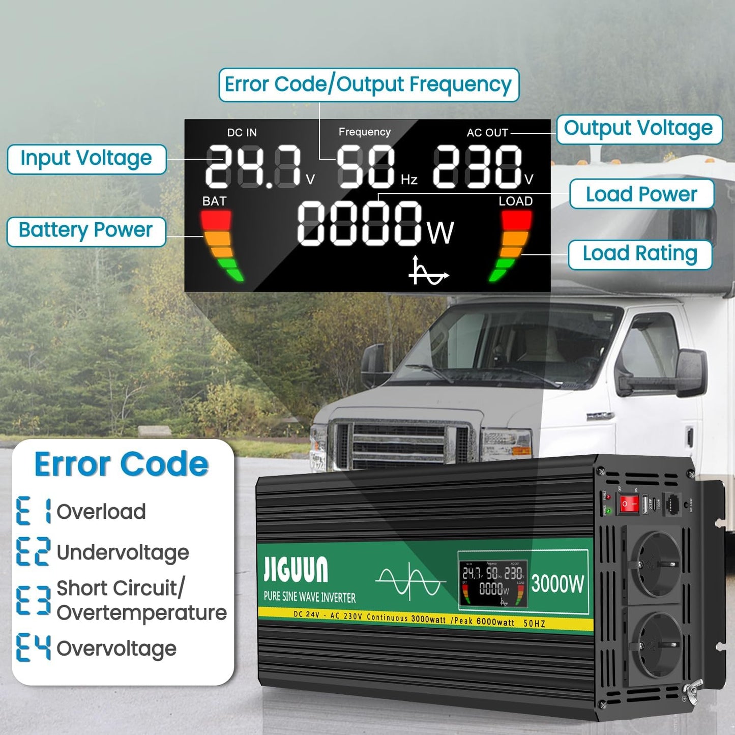 JIGUUN 3000W/4000W omvormer 24v naar 230v zuivere sinus Converter power inverter met afstandsbediening LCD-scherm 2 Eu-stopcontact & 1 USB-poort voor auto, camping, reizen,noodgeval