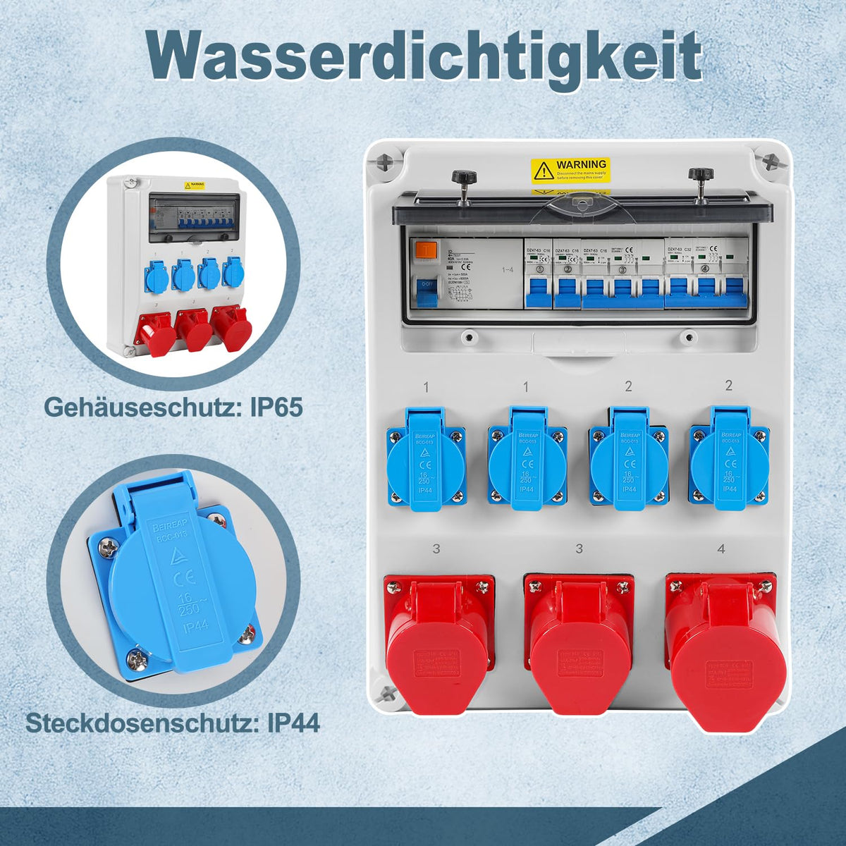 Verdeler voor bouwplaatsen, wandverdeler, 1 x 32 A, 2 x 16 A, 4 x 230 V met LS+FI met veiligheidsschakelaar, wandverdeler met RCCB, CEE stopcontact 16/32 A, voor bouwplaatsen