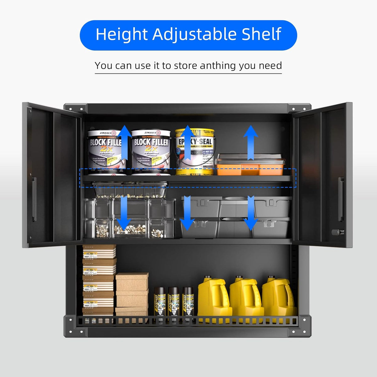 Hangkast, metalen gereedschapskast met 1 in hoogte verstelbare plank en 2 deuren en 1 lade, wandhangkast met roestvrijstalen slot, garage, werkplaats, keuken, A77 x B 80 x