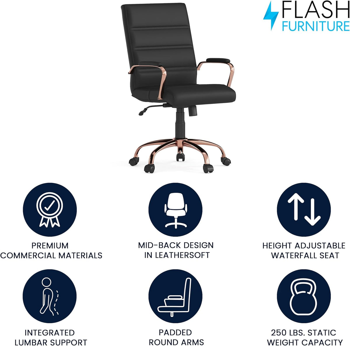 Flash Furniture Executive stoel, draaistoel, zwart leer, roodgoudkleurig frame, 61 x 58,4 x 103,5 cm (B x D x H)