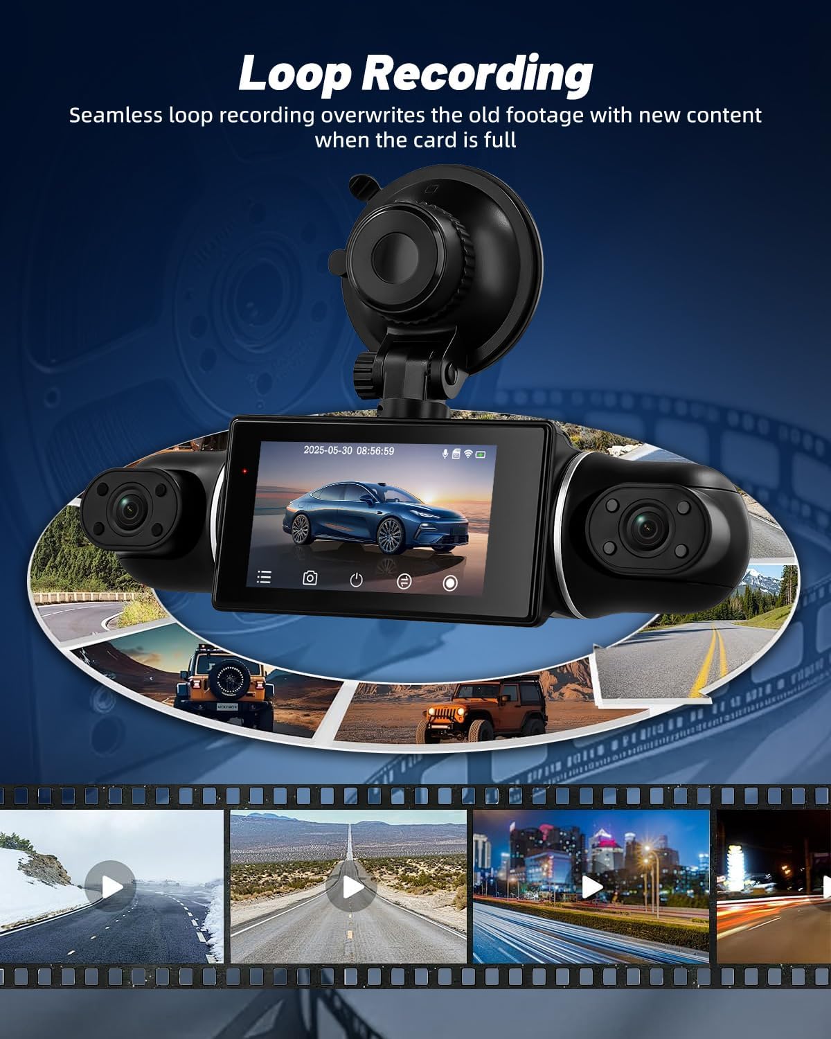 NHOPEEW 3 inch WiFi 2K Dashcam Auto DVR 4-kanaals 360° camera binnen links/rechts + achter 1080p nachtzicht, G-sensor, loop-opname