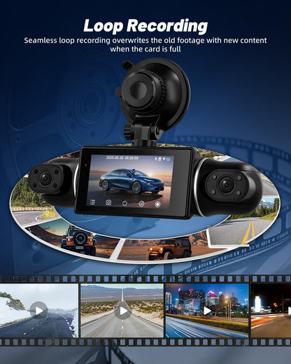 NHOPEEW 3 inch WiFi 2K Dashcam Auto DVR 4-kanaals 360° camera binnen links/rechts + achter 1080p nachtzicht, G-sensor, loop-opname