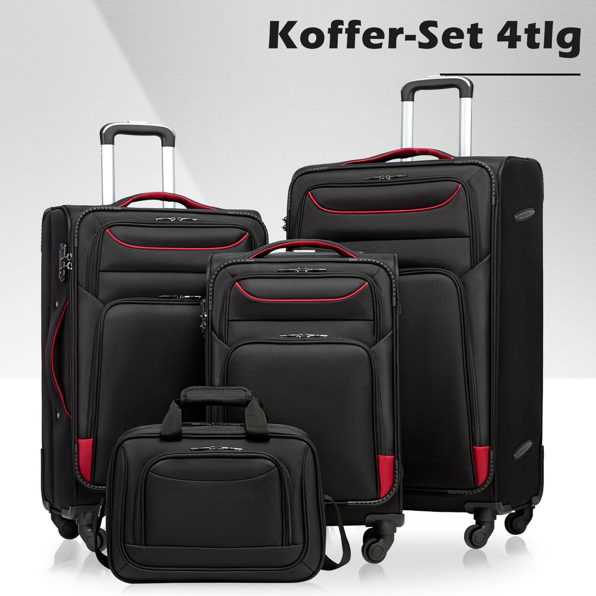 COOLIFE Trolley Koffer Met 4 Wielen en TSA-slot, Stoffen Handbagage Set Met Grote Schoudertas, Zwart+Rood, 4-delig