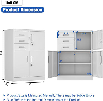 Filing cabinet, metal cabinet with three drawers, magazine cabinets, sheet steel powder coating, steel cabinet for tools, office, 110 x 80 x 40 cm (white - QUORE
