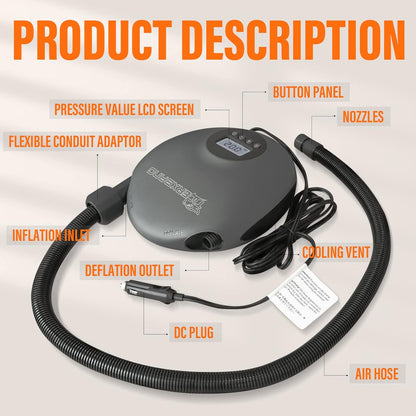 TIGERXBANG Elektrische SUP-pomp, 20 psi, hogedruk-peddelboardpomp met draagbaar digitaal lcd-scherm, elektrische luchtpomp voor opblaasbare -12 V DC auto-aansluiting, auto-off-functie