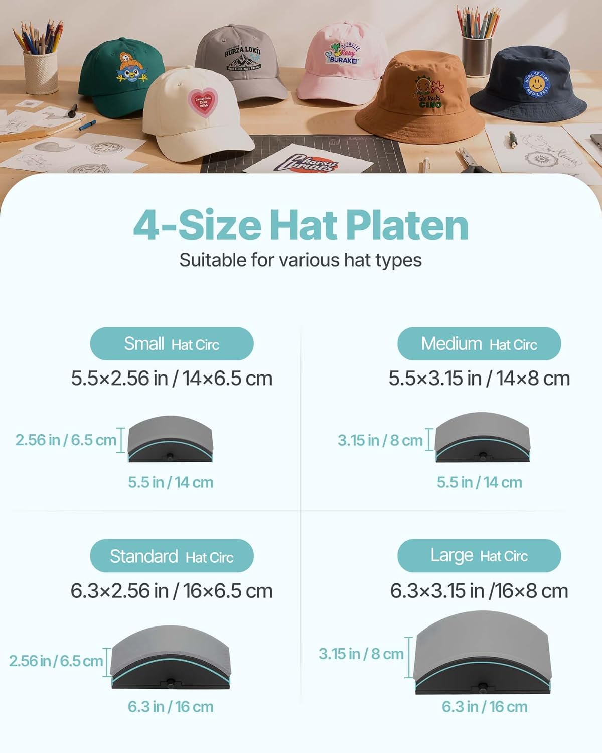 VEVOR Hoedenpers met 4 verwisselbare platen (160 x 65/160 x 80/140 x 65/140 x 80 mm), hittepers met nauwkeurige temperatuur- en tijdregeling, mutspers Heat Press voor hoofdbanden en gezichtsmaskers