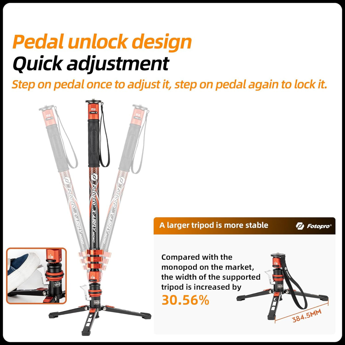 Fotopro 73-Inch Koolstofvezel Monopod met Pedaal en Voeten - 3-in-1 Professionele Carbon Fiber Travel Kit, Max 22 lbs voor DSLR Camera Stabilizer Videografie, Grijs