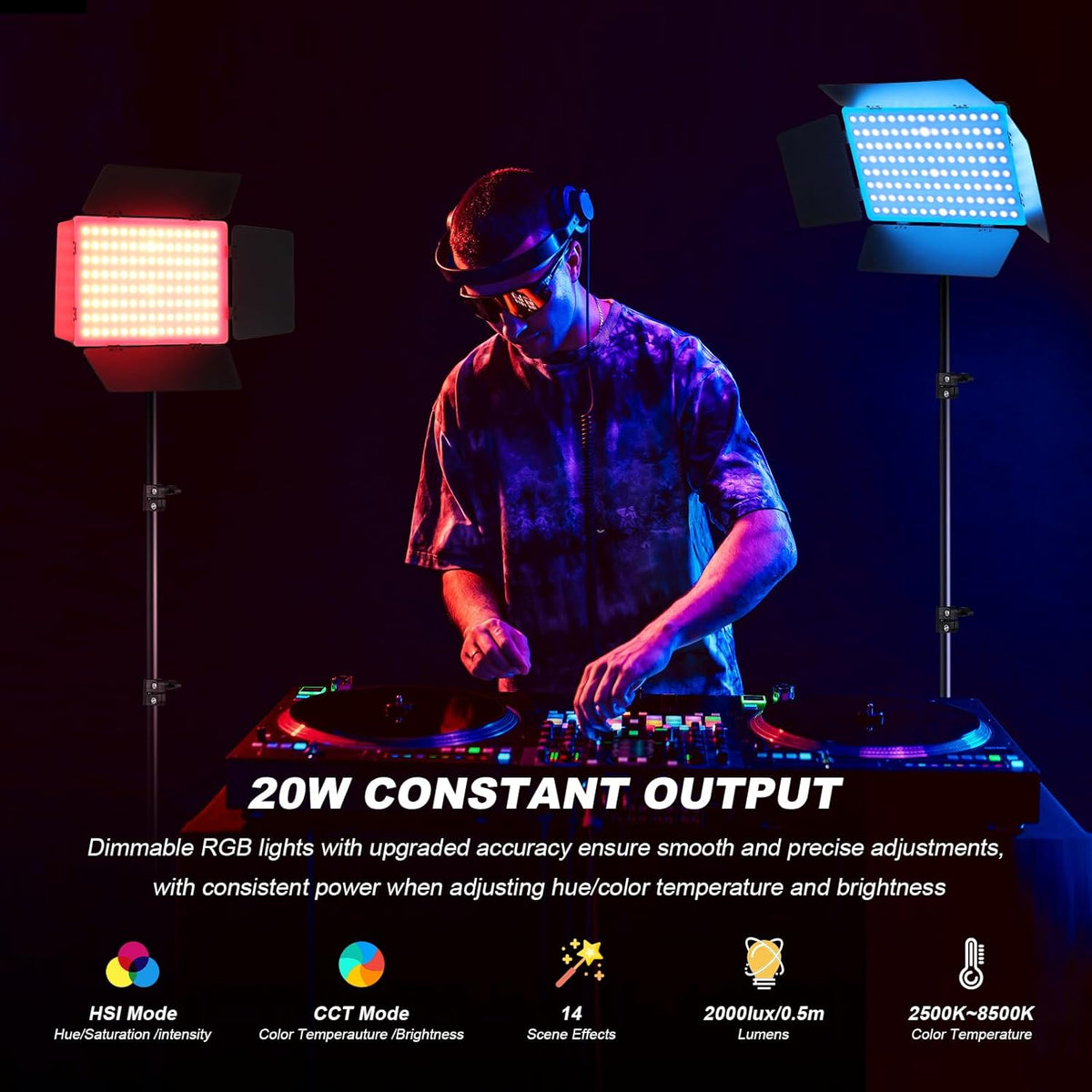 Soonpho 2 stuks videolicht, led, RGB, paneel met roosterdeur, 2500 – 8500 K, dimbaar, 20 W, fotografie, studiolicht, met 1,6 m statief en mobiele telefoonhouder voor video, YouTube Live