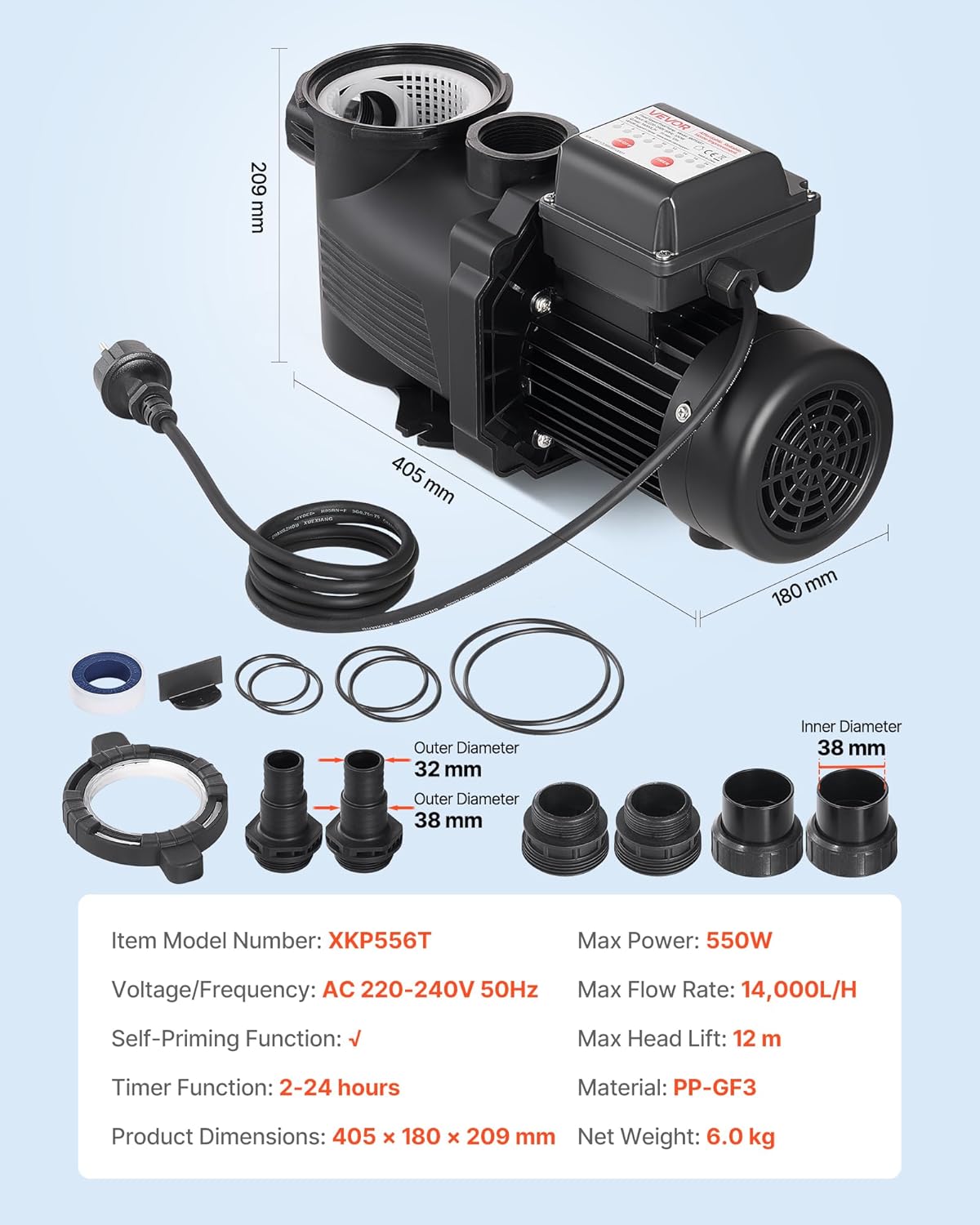 VEVOR Zwembadpomp 550 W, filterpomp max. 14.000 l/u, eentraps zwembadpomp, 3450 tpm, opvoerhoogte max. 12 m, met 24-uurs timer en filtermand, voor