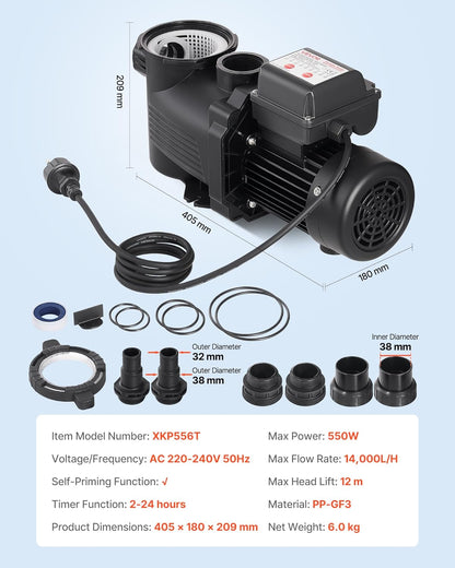 VEVOR Zwembadpomp 550 W, filterpomp max. 14.000 l/u, eentraps zwembadpomp, 3450 tpm, opvoerhoogte max. 12 m, met 24-uurs timer en filtermand, voor