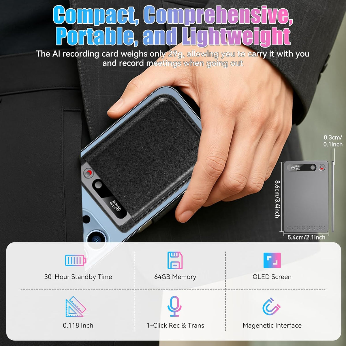AI Digitale Voice Recorder 64 GB – Dictafoon – Dicteerapparaat – Spraakrecorder – Geluidsrecorder – 118+ Talen – Real-time Transcriptie & Automatische Samenvatting
