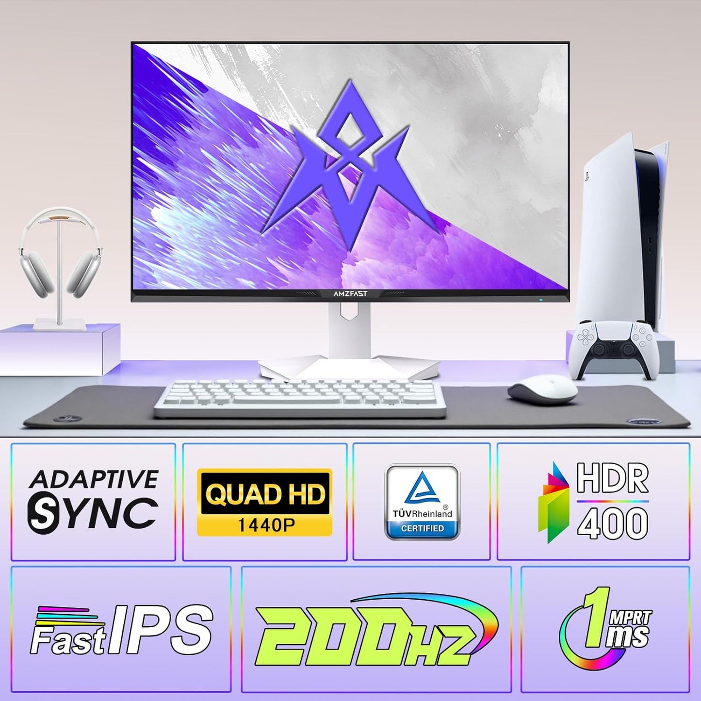 Amzfast Monitor da Gaming 27 Inch – 200Hz, QHD 2560x1440, Rapido IPS, 1ms GtG, 95% DCI-P3, 130% sRGB, HDR, Adaptive Sync, VESA 100 * 100, HDMI 2.0 * 2/DP 1.4 * 2 con Cavo, White - AMZG27F27Ft 6Q - QUORE