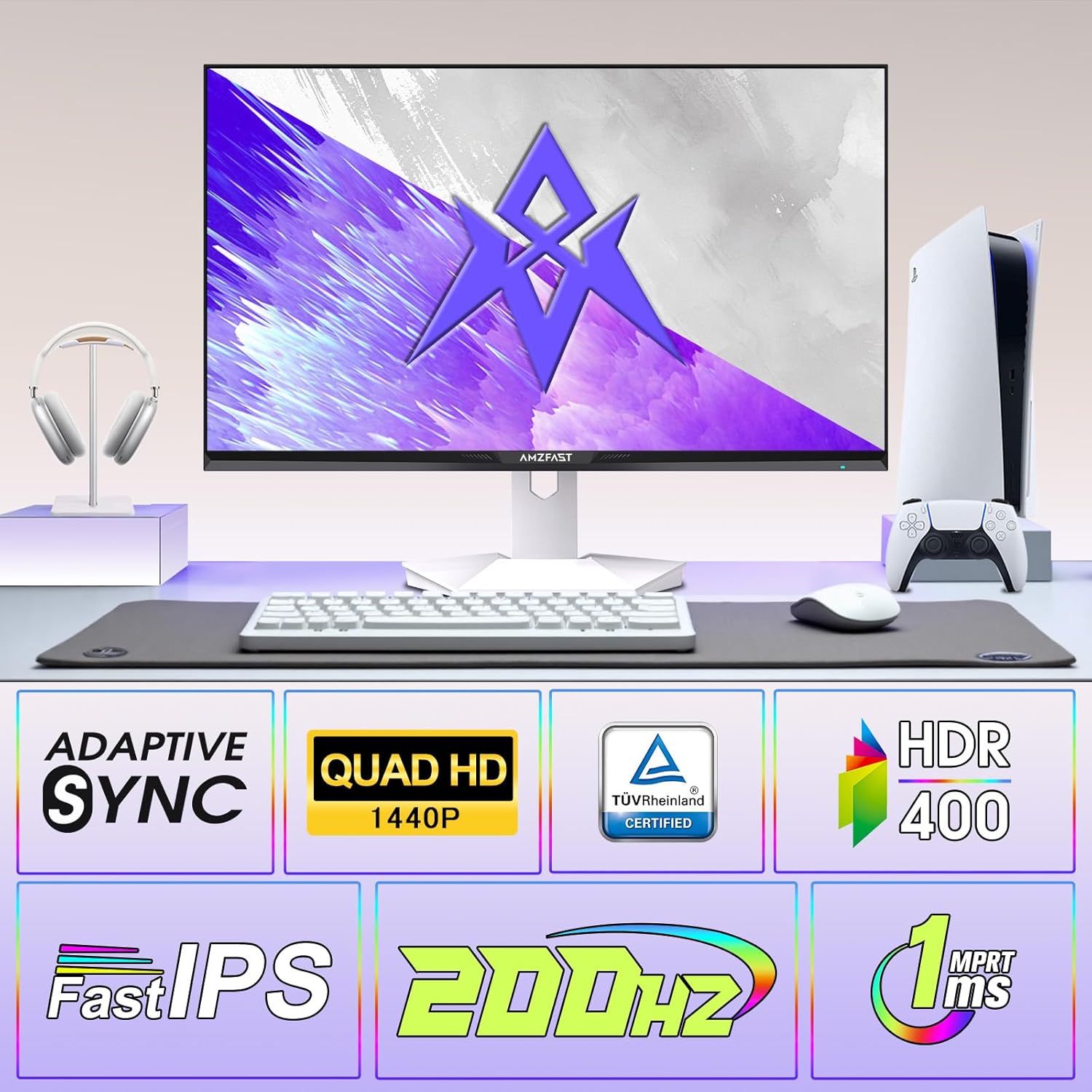 Amzfast Monitor da Gaming 27 Inch – 200Hz, QHD 2560x1440, Rapido IPS, 1ms GtG, 95% DCI-P3, 130% sRGB, HDR, Adaptive Sync, VESA 100 * 100, HDMI 2.0 * 2/DP 1.4 * 2 con Cavo, White - AMZG27F27Ft 6Q - QUORE