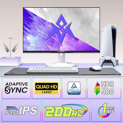 Amzfast Monitor da Gaming 27 Inch – 200Hz, QHD 2560x1440, Rapido IPS, 1ms GtG, 95% DCI-P3, 130% sRGB, HDR, Adaptive Sync, VESA 100 * 100, HDMI 2.0 * 2/DP 1.4 * 2 con Cavo, White - AMZG27F27Ft 6Q - QUORE