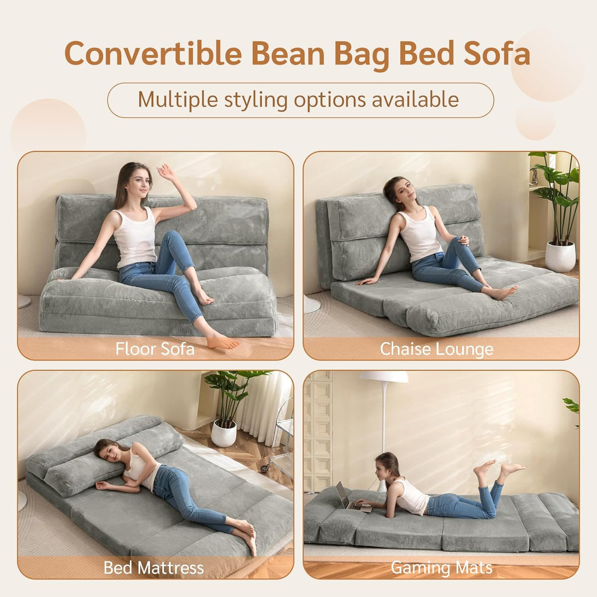 MAXYOYO Bean Bag Sofa Bed Folding Floor Mattress Adults Extra Thick Floor Sofa Foldable 6 Compartments for Bedroom, Living Room, Grey, 135 x 240 cm