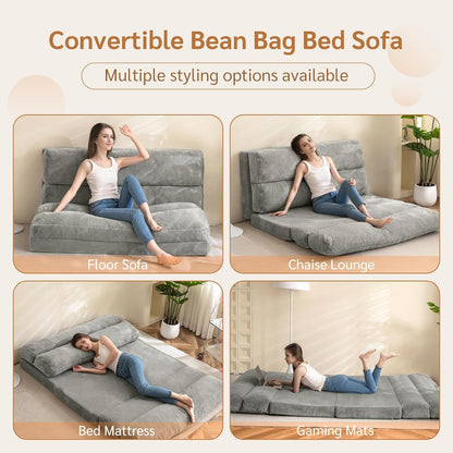 MAXYOYO Bean Bag Bed, Folding Sofa Bed, Floor Mattress for Adults, Extra Thick 6-Way Folding Floor Sofa, Floor Sofa for Bedroom and Living Room, Grey, 100 x 240 cm