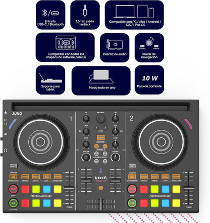 VIETA PRO Professioneel bluetooth-DJ-mengpaneel met geïntegreerde geluidskaart, DJ-controller met geïntegreerde RGB-verlichting, DJ-controller en audio-interface, DJ-mengpaneel Juno