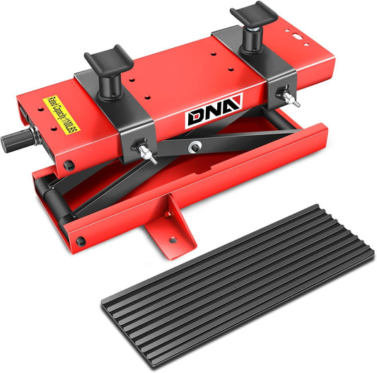 DNA MOTORING TOOLS-00290 Stalen motorfiets ATV schaarhefbrug met zadel en rubberen pad, 2-in-1, 500 kg, hefbereik 9,3-37,5 cm