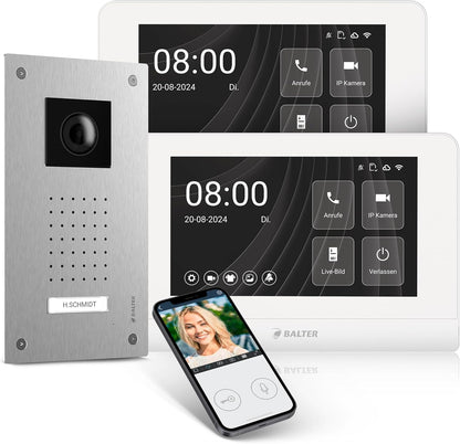Entri Video deurintercomsysteem, inbouwdeurbel met camera, smartphone-app, 1 familiehuis, videodeurbel, 2 x 7 inch HD-monitor, Full HD-camera, intercom met deuropener en bel, 2 draden