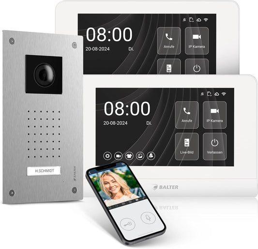 Entri Video deurintercomsysteem, inbouwdeurbel met camera, smartphone-app, 1 familiehuis, videodeurbel, 2 x 7 inch HD-monitor, Full HD-camera, intercom met deuropener en bel, 2 draden