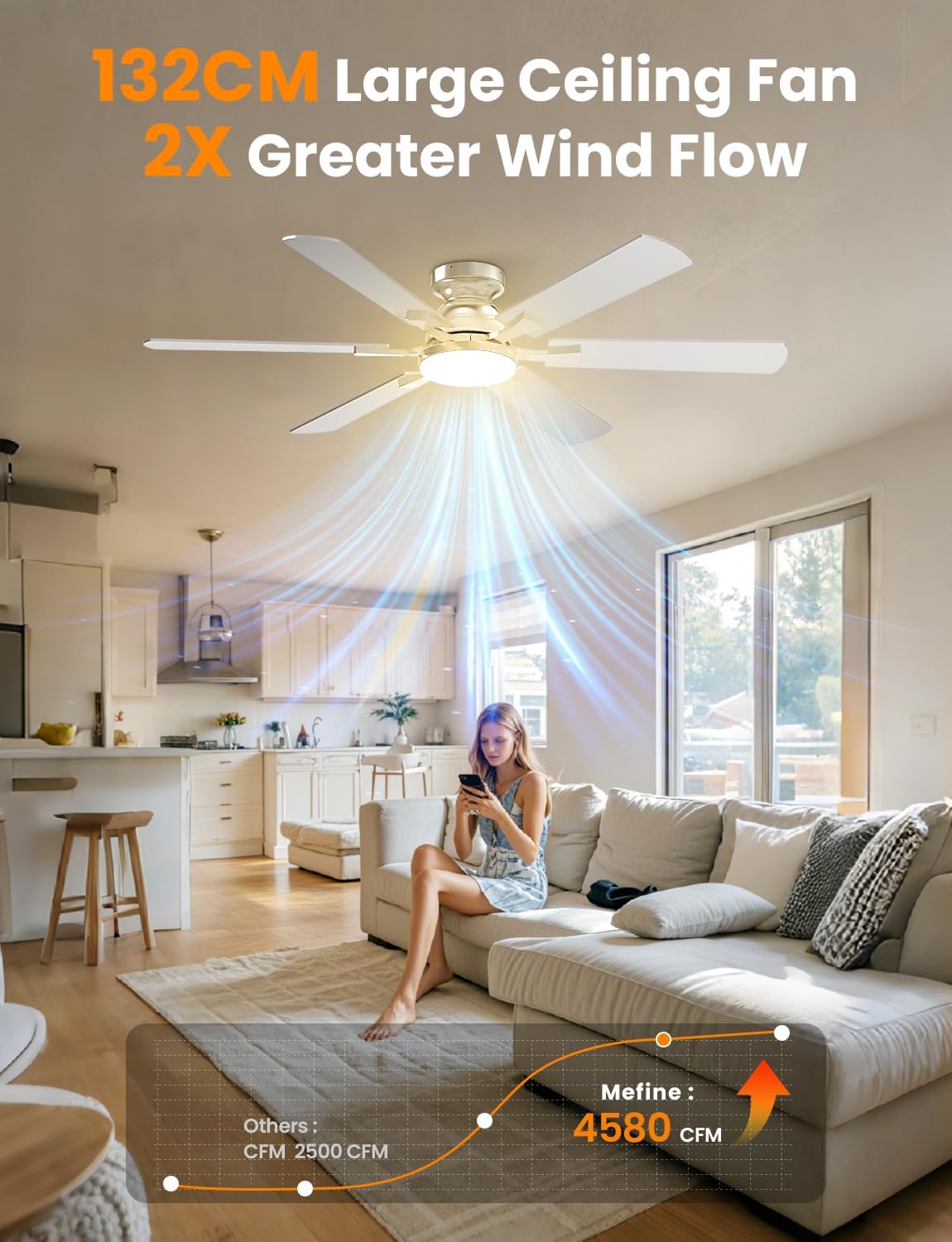 Mefine Plafondventilator met verlichting, 132 cm, stil, grote plafondventilator met licht en afstandsbediening, led-lampventilator met omkeerbare DC-motor voor slaapkamer, woonkamer (zonder batterij)