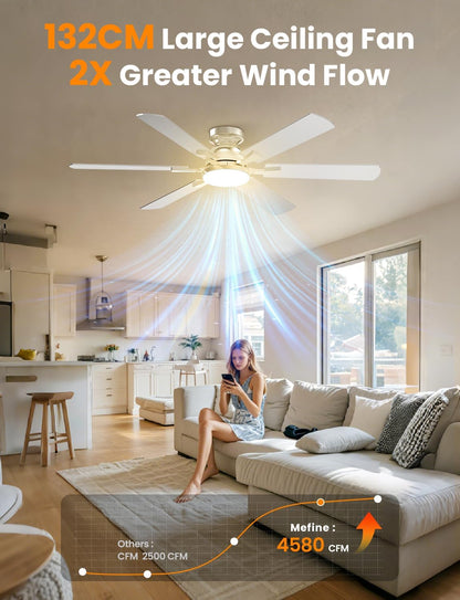 Mefine Plafondventilator met verlichting, 132 cm, stil, grote plafondventilator met licht en afstandsbediening, led-lampventilator met omkeerbare DC-motor voor slaapkamer, woonkamer (zonder batterij)