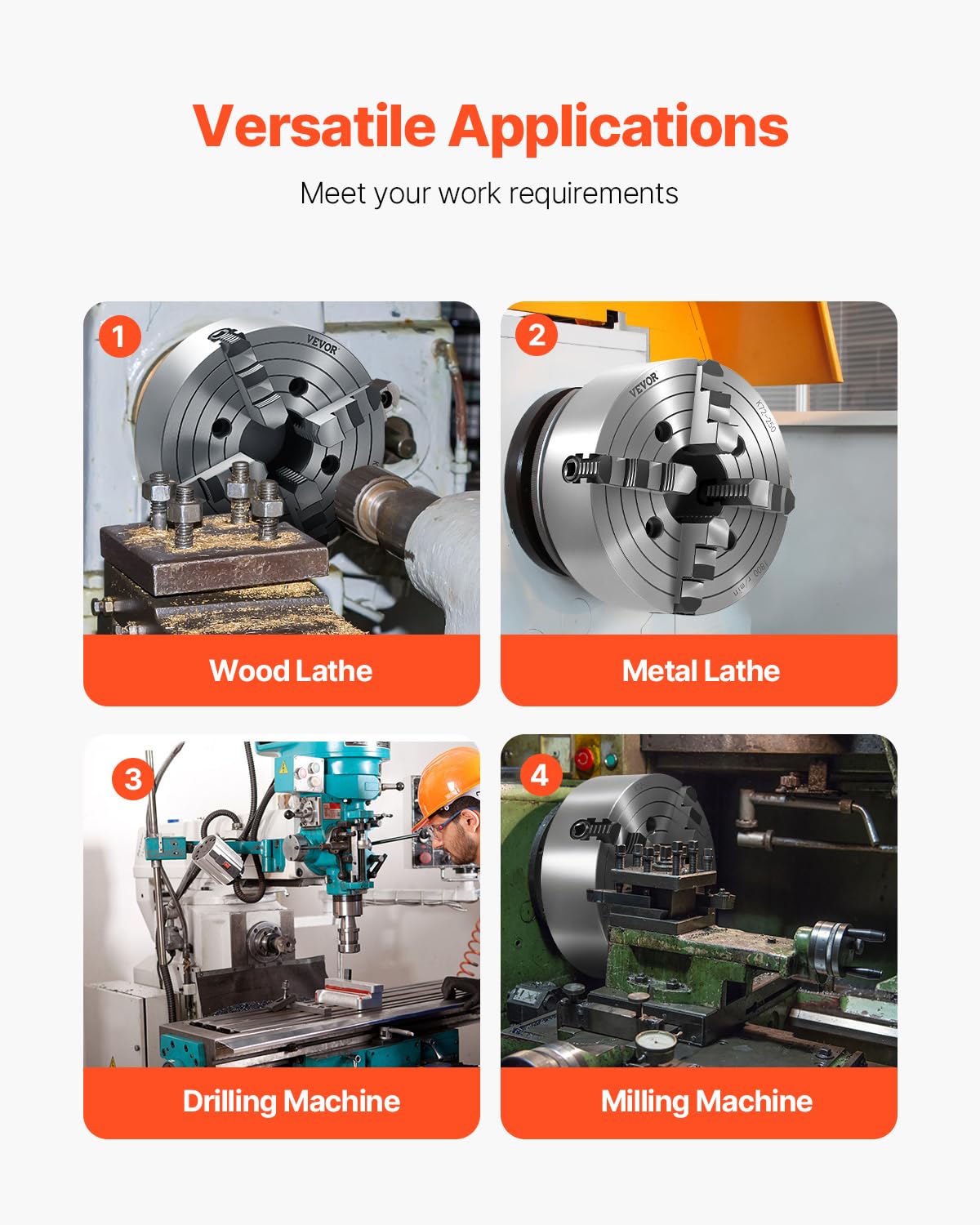 VEVOR 4 jaw lathe holder, 250 mm, lathe chuck, 15-250 mm clamping range with T-key fixing screws, reversible jaw, HT300 cast iron, internal external for wood-metal lathe