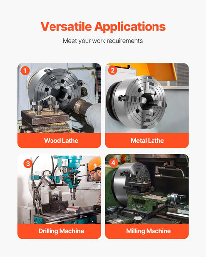 VEVOR 4 jaw lathe holder, 250 mm, lathe chuck, 15-250 mm clamping range with T-key fixing screws, reversible jaw, HT300 cast iron, internal external for wood-metal lathe