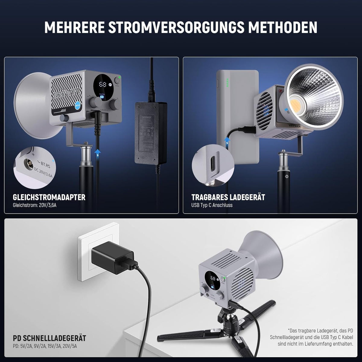 NEEWER HS60B videolamp mini studiolamp met app-bediening, 60 W continu licht draagbare tweekleurige COB LED studiolamp, 35000Lux/1m, 2700K - 6500K 0-100% PWM dimming, CRI/TLCI 97+, 12 scènes, USB type